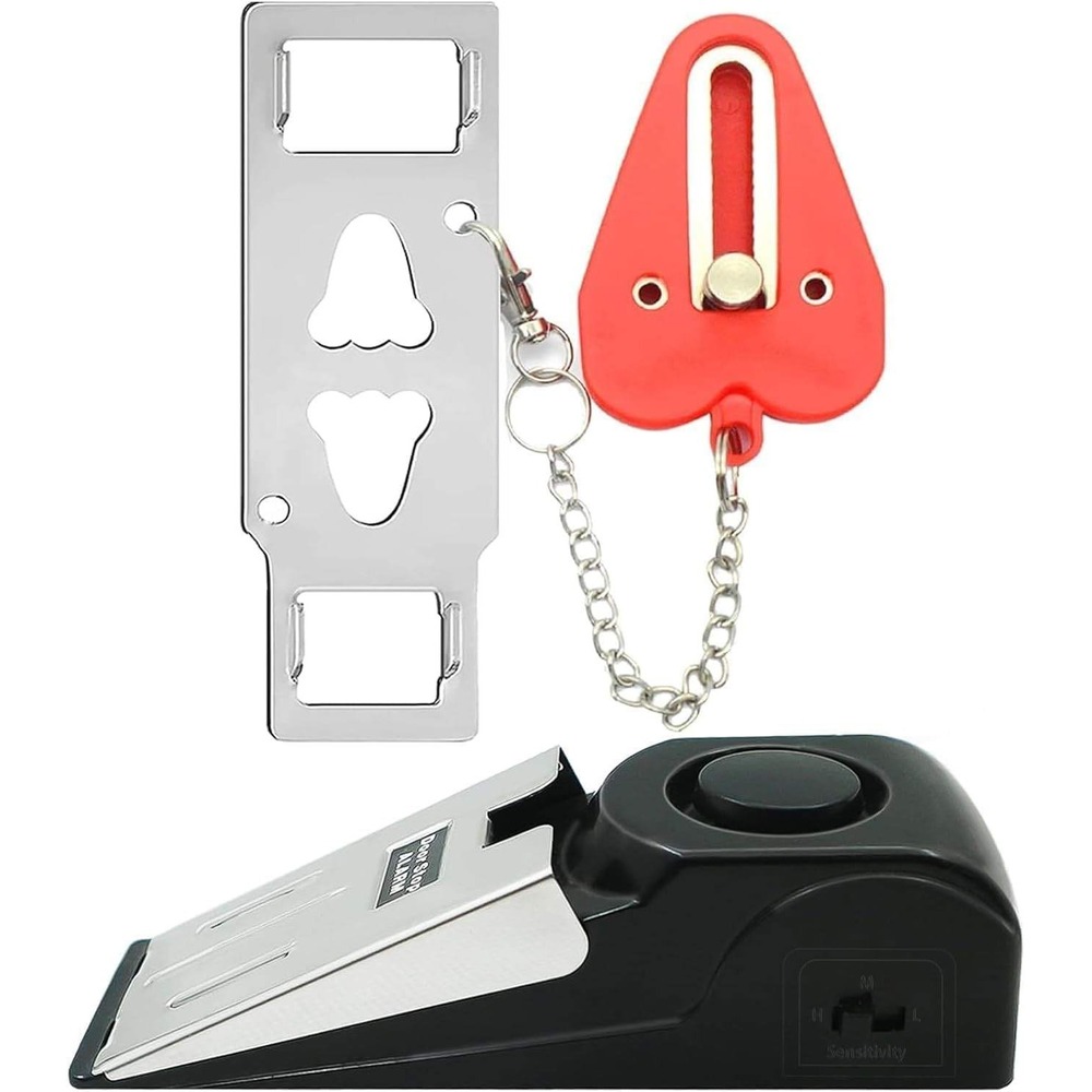 Portable Travel Door Lock and 120dB Door Stop Alarm Security Kit Set Black Red